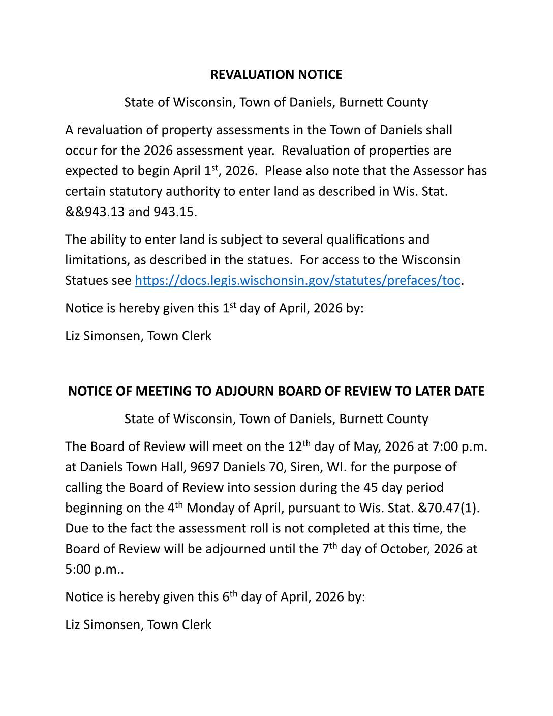 Revaluation and Board of Review Notice